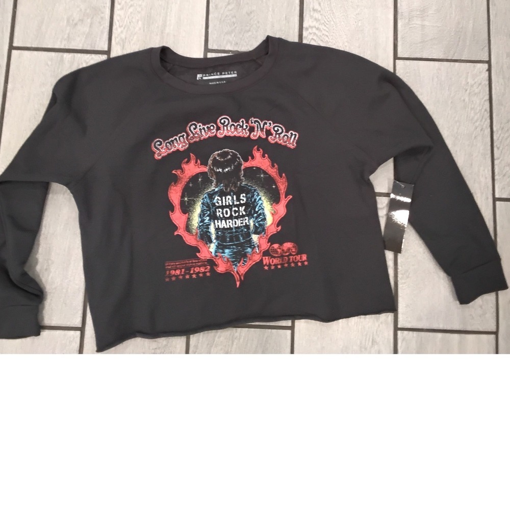 Prince Peter Girls Rock Harder Cropped Sweatshirt Black Rock N Roll Graphic M